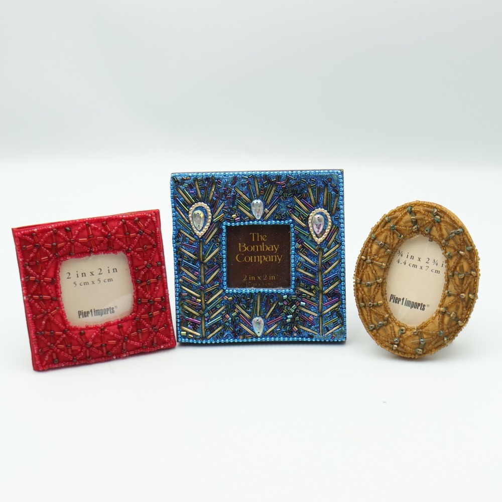 Pier One Imports 90s Y2K Set Of 3 Fabric Beaded Mini Photo Frames 3x3" NEW Tiny